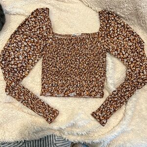 Floral brown square neck scrunch cropped long sleeve